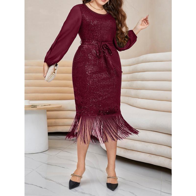 Plus Size Round Neck Vintage Sequins Tassel Women Long Sleeve Evening Bridesmaid Dress
