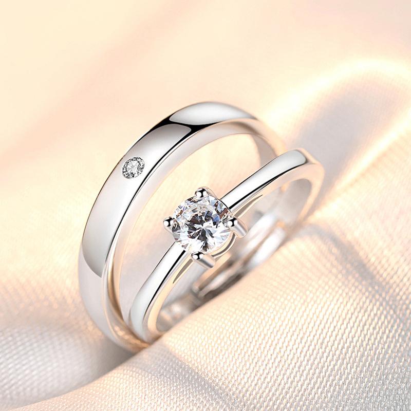 2Pcs Simple Light Luxury Zircon Couple Paired Rings For Women Men Opening Adjustable Rings Wedding Anniversary Jewelry Gift