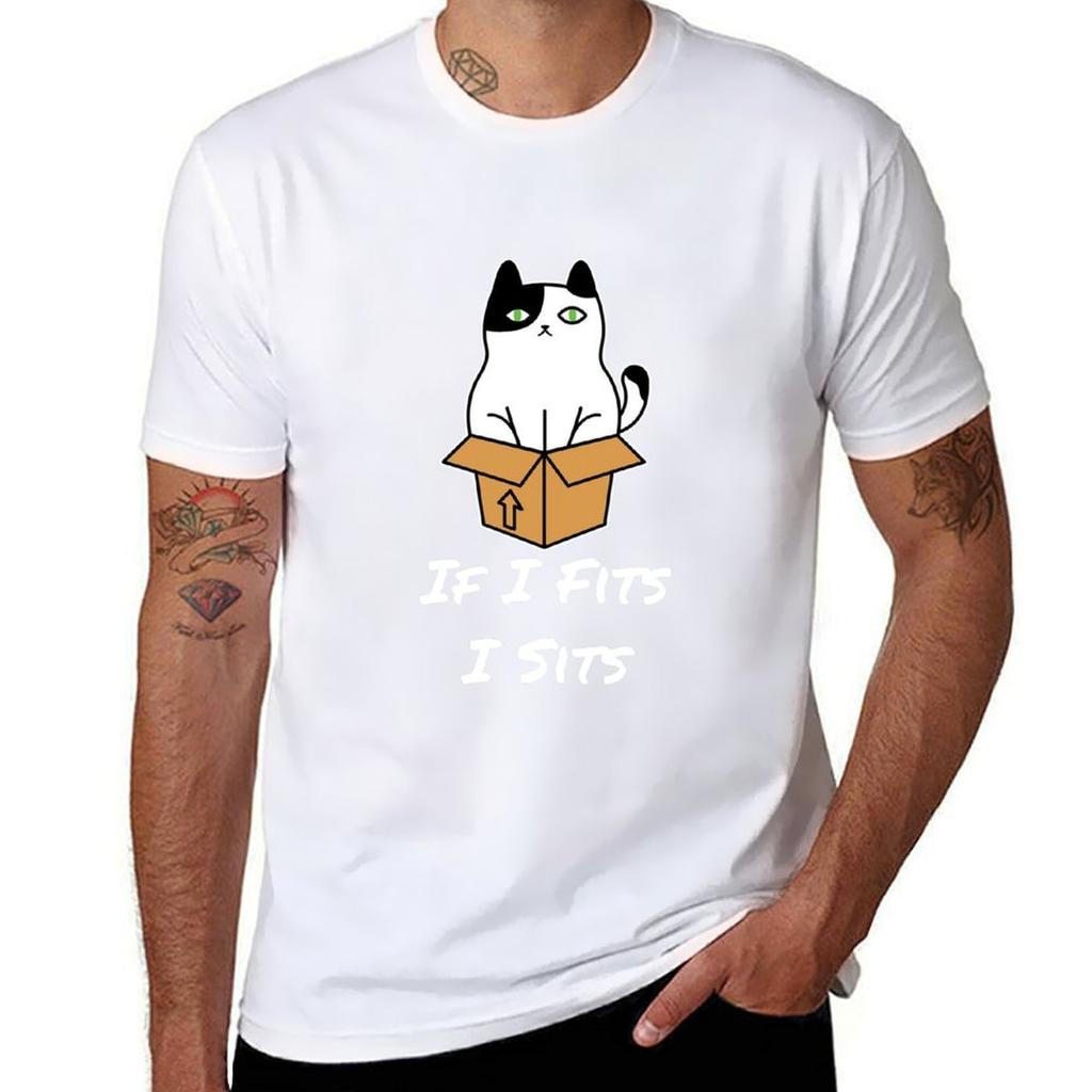 If I Fits I Sits Funny Meme Cat Lover Gift Cat In A Box Tshirt Retro Graphic Print Tshirt