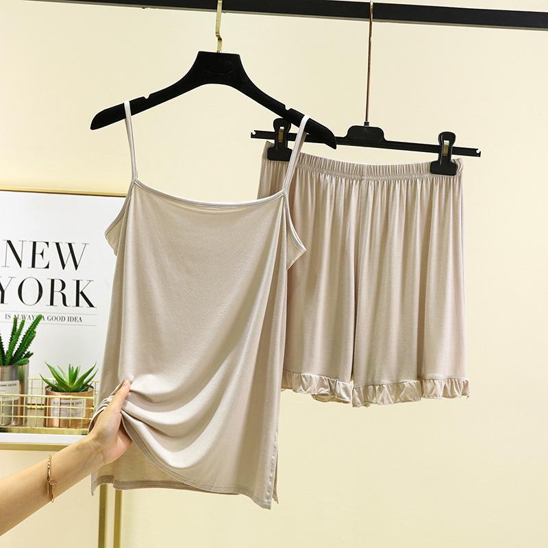 

Летний пижамный комплект из модала премиум-класса: Повседневная, удобная майка и шорты, подходящие для ношения на улице M бежевый