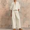 Women's Round Neck Half Puff Sleeve Zipper Top Drawstring Wide Leg Pants Two Piece Casual Tracksuit