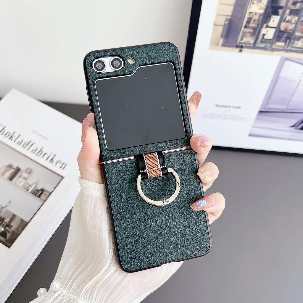 For Samsung Z Flip 6 7 PU Leather Phone Case Ring Folding Anti-Fingerprint Shockproof Protective Cover for Galaxy Z Flip 5 3/4
