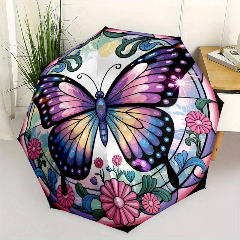 Stained Glass Butterfly Automatic Folding Umbrella Compact Lightweight Retractable Design For Outdoor Adventures And Travelt14
