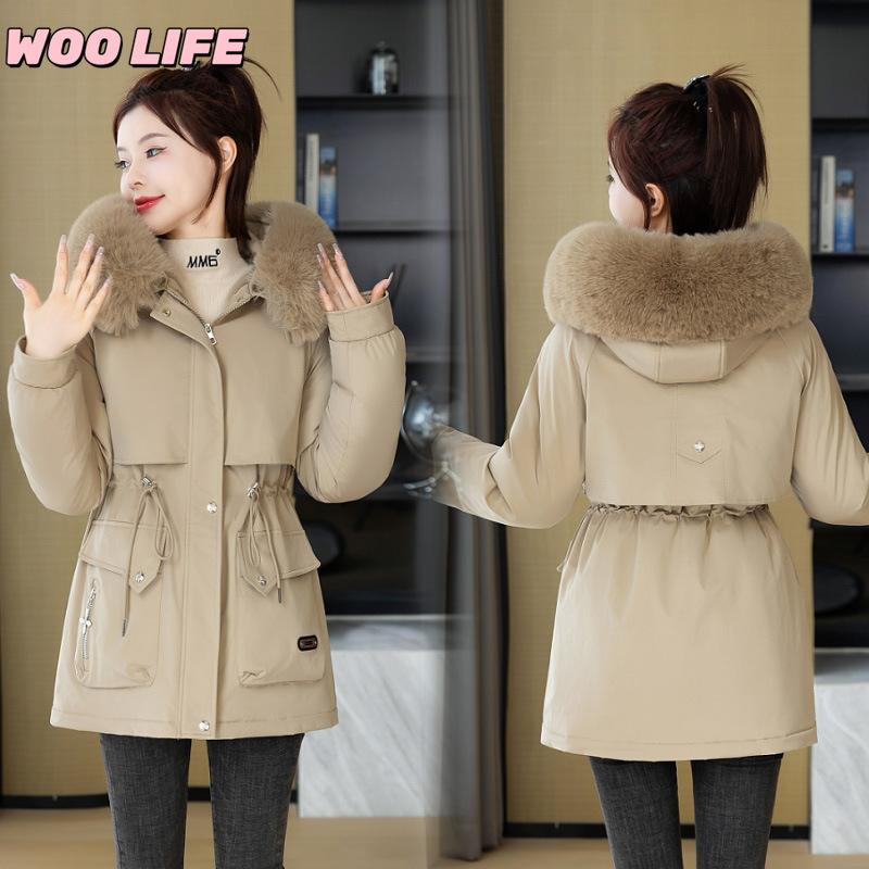 Parker Clothing Women's New Winter All-match Cotton Clothing Plus Velvet Hooded Jacket, Big Fur Collar, Warm Cotton Clothing, Women's Cold Protection