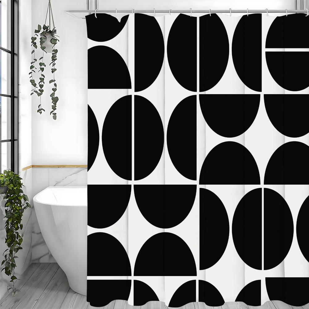 Black Geometric Half Circle Creative Pattern Shower Curtain, Bathroom Decorative Shower Curtain, Waterproof Shower Curtain with