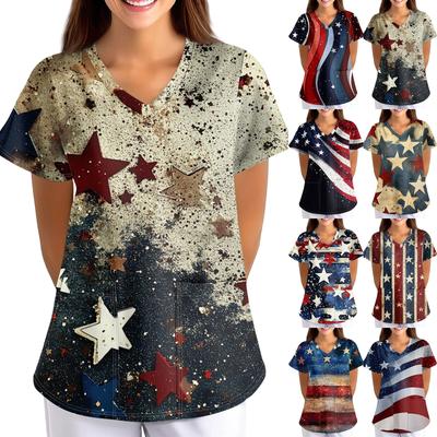 Plus Size Printed Scrub Working Uniform Tops For Women's Cross V-Neck Short Sleeve Fun T-Shirts Workwear Tee With Pockets