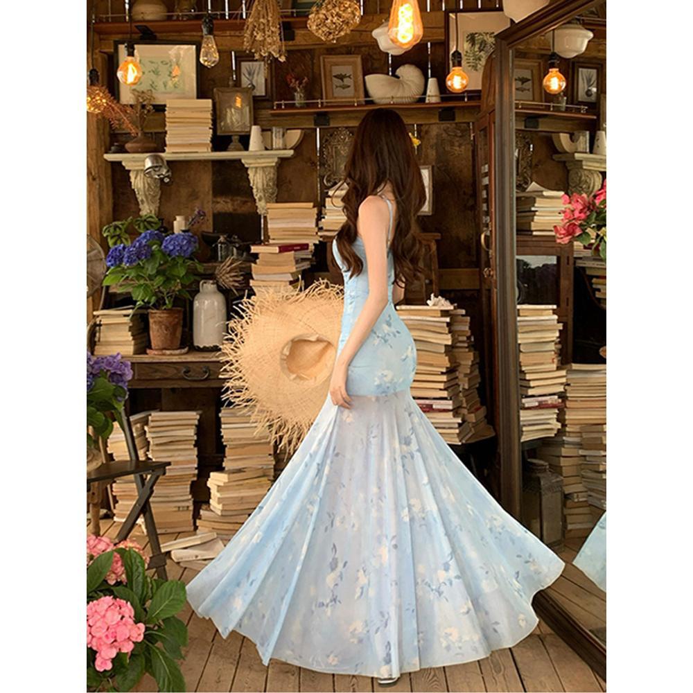 Seaside Vacation Atmosphere Blue Floral Suspender Waist Dress Women's Summer Temperament Pure Desire Fishtail Dress