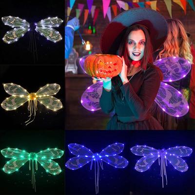 Halloween Kostüm Feenflügel mit LED-Licht Funkelnde Frauen Mädchen Libelle Elfenflügel Mädchen Kostüm Zubehör