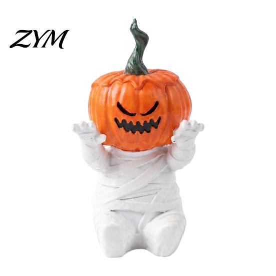 Halloween Themed Collectibles Pumpkin Head Mummy Statue, Funny Decorations, Cute Sitting Ornaments Resin Figurine for Desktop Shelf Sitter Outdoor A