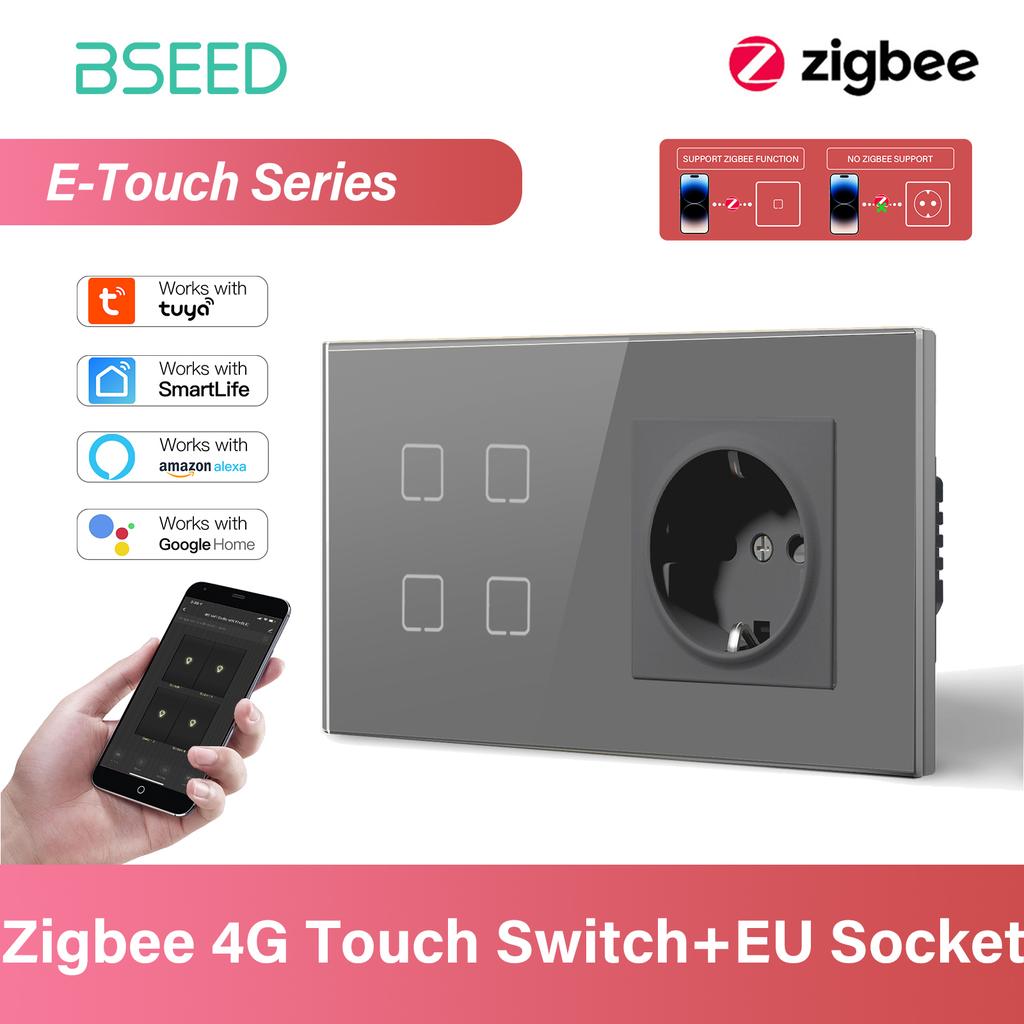 BSEED 1/2/3/4Gang Zigbee Touch Switch Glass with EU Sockets Smart Wall Light Switch Touch Screen Backlight E Series