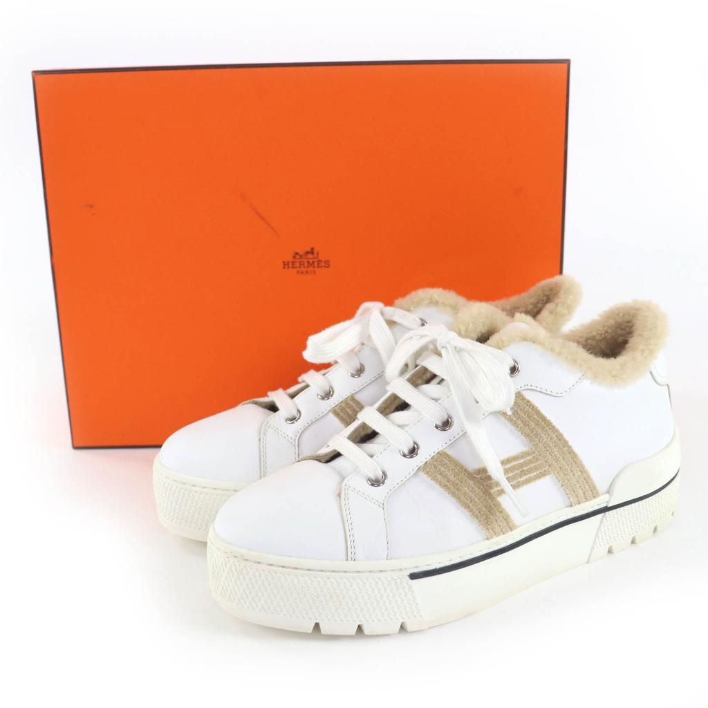 Tolle HERMES Low-Cut-Sneaker Dare H-Logo-Design Mouton-Leder Weiß beige 38 Gebraucht