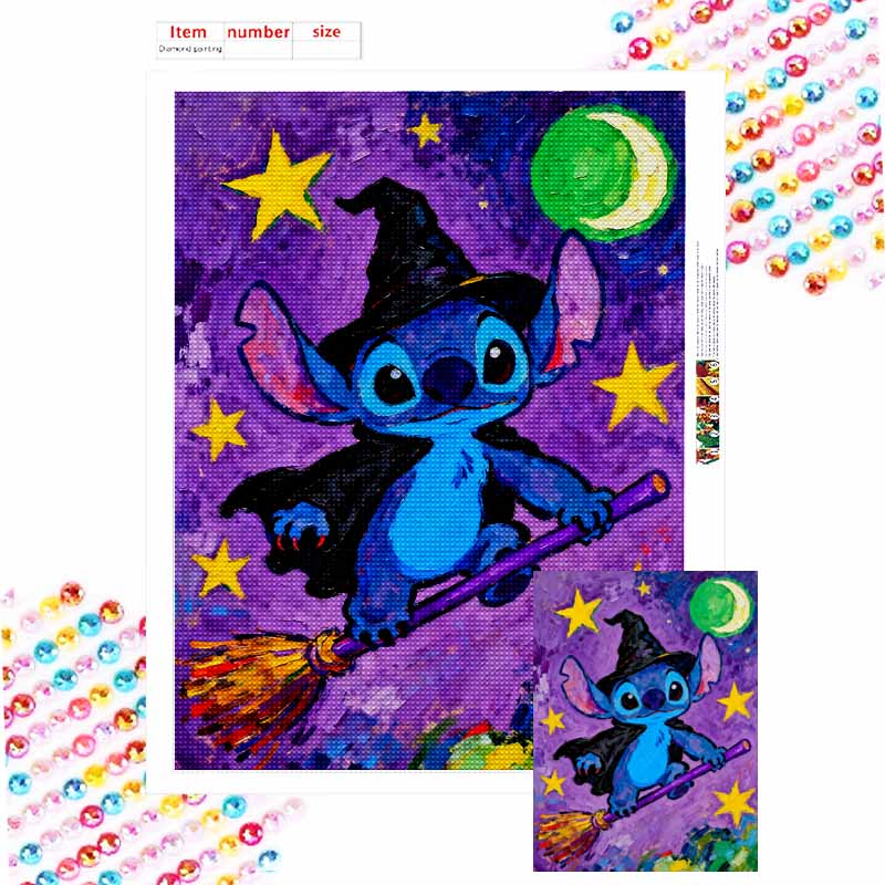 Disney Diamond Painting Kit 5D Stitch Witch Flying Broomstick Halloween Magical Fun Cartoon DIY Cross Stitch Gift Home Decor Round 20x30cm