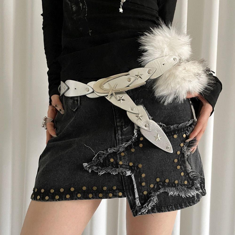 Y2K Plush Furry Splicing Belt Punk Star Rivet Belt Vintage Faux Fur Belts  Women Fashion