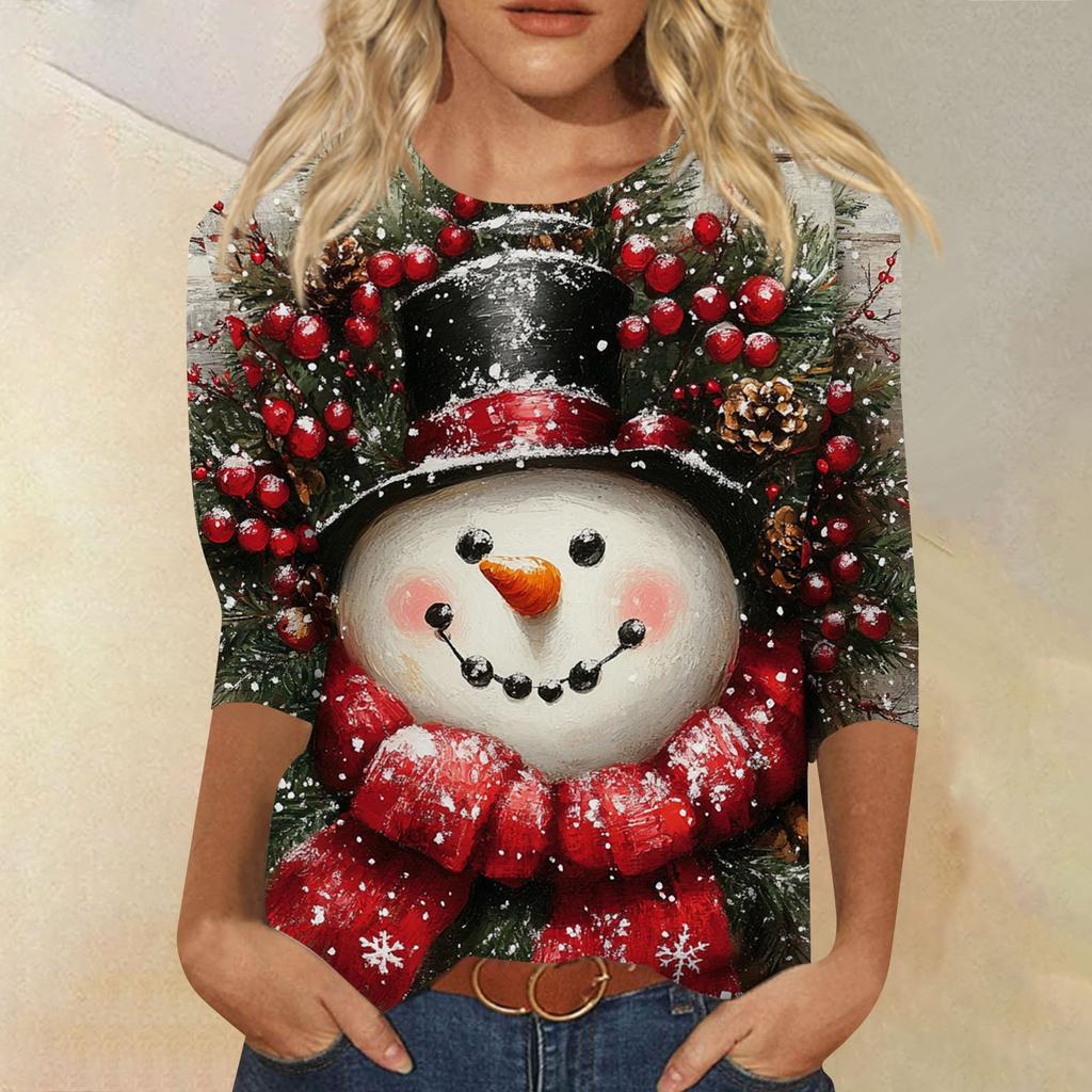 Damenmode, lässiges Oberteil mit sieben Ärmeln und Weihnachtsdruck, Rundhalsausschnitt