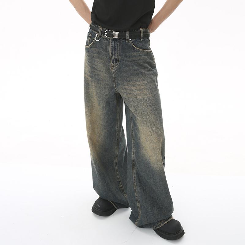 Summer Men's Denim Pants Old Blue Washed Male Jeans Straight Casual Menwear Loose Wide Leg Trousers Fashion
