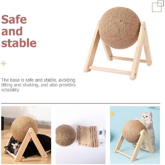 POPETPOP Cat Scratching Ball Toy - Small Rotatable Kitten Scratcher Sisal Toy, Wood Cat Scratcher with Ball for Indoor Kitties To Grind Claws, Cat