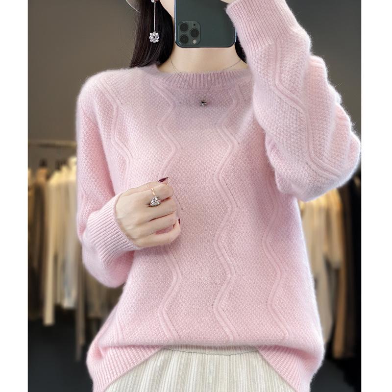 Women's Thickened Autumn-Winter Cable Knit Wool Sweater – Round Neck Cashmere Pullover.