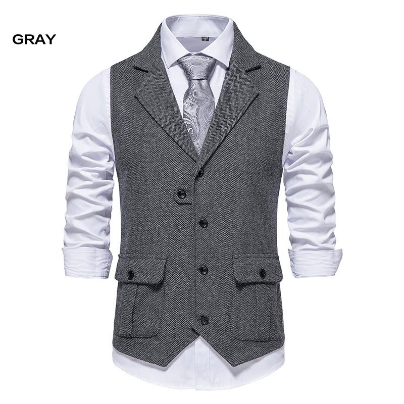 Mens Wool Mix Herringbone Tweed Check Vintage Collar Waistcoat Tailored Fit Vest