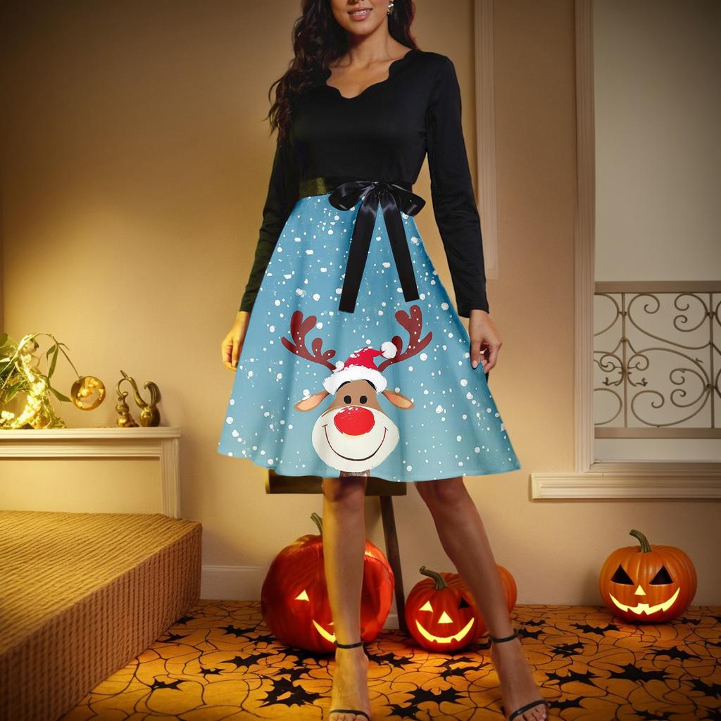 Dámské ležérní módní šaty s výstřihem do V, dlouhým rukávem a retro vánočním potiskem