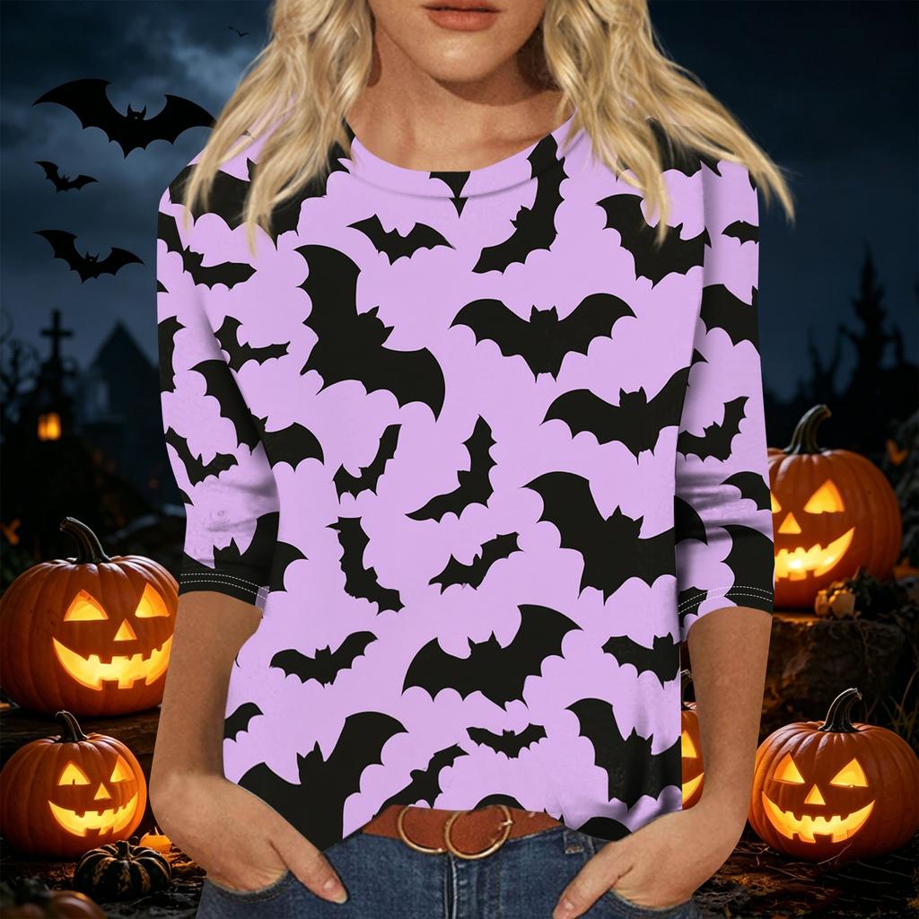 Women's Casual 3/4 Sleeve Halloween Print Pullover Top Crew Neck Lightweight Fall Shirt