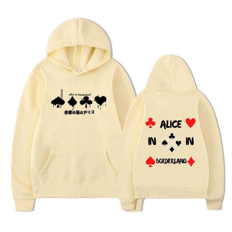 Alice in Borderland Hoodie – Unisex Black Double Sided Fleece Sweatshirt, Playing Card Suits & Japanese Kanji Drip Print, AIB Anime Streetwear