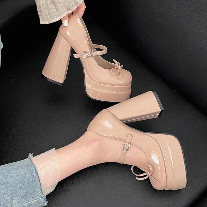 Módní Super Vysoký Podpatek Mary Jane Boty Dámské Retro Kulatá Špička Mělký Výstřih Mašle Platforma Jednopáskové Blokový Podpatek Jednobarevné Lodičky Jednoduché Boty