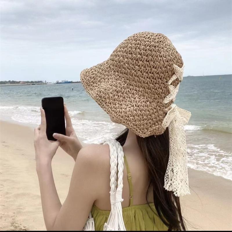 Women's Lace Bow Straw Hat 2026 New Summer Fashionable Foldable Wide-brimmed Sun Hat Beach Vacation Outerwear Hats for Ladies