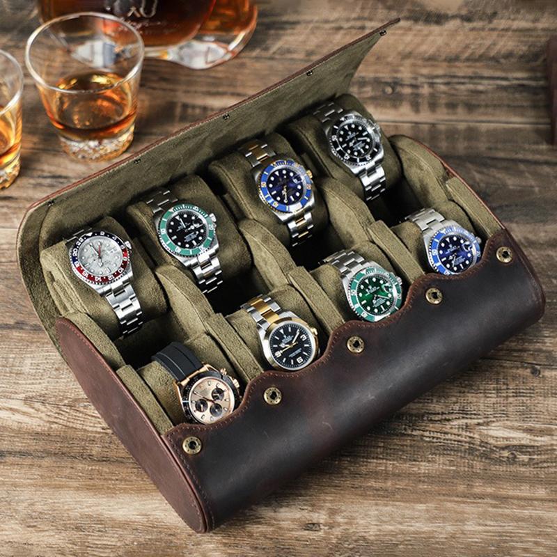 Vintage 8 Position Watch Organizer Box Leather Men Mechanical Wrist Watches Storage Boxes Portable Travel Watch Packaging Case