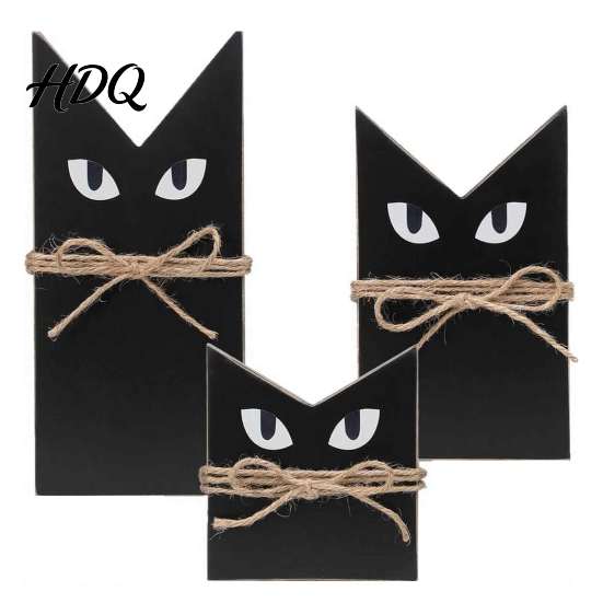 Indoor Party Ornament 3 Pcs Halloween Black Cat Wooden Block Sign, Vintage Table Decoration Rustic Farmhouse with Burlap Rope, Tiered Tray Centerpiece