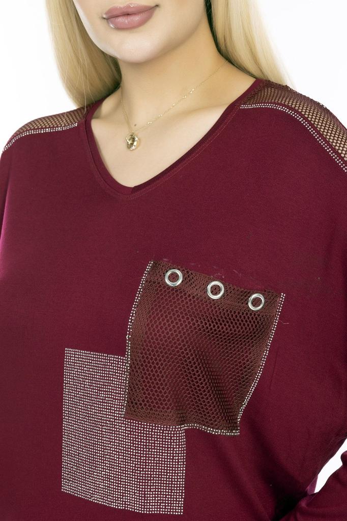 Damen-Bluse in großen Größen, V-Ausschnitt, Tasche und Ärmel, Mesh-Detail, Steinstickerei, lange Ärmel, bequeme und fließende, flexible Bluse