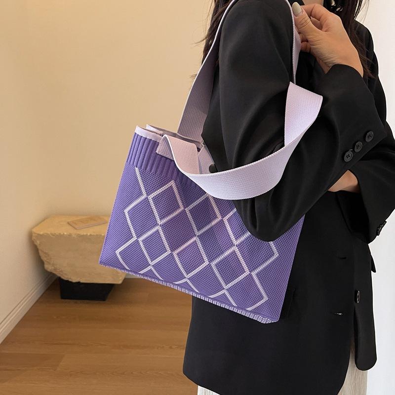 Candy Color Knitted Mobile Phe Tote Bag Rhombic Design Woven Small Shopper Handbag Shoulder Bag For Women