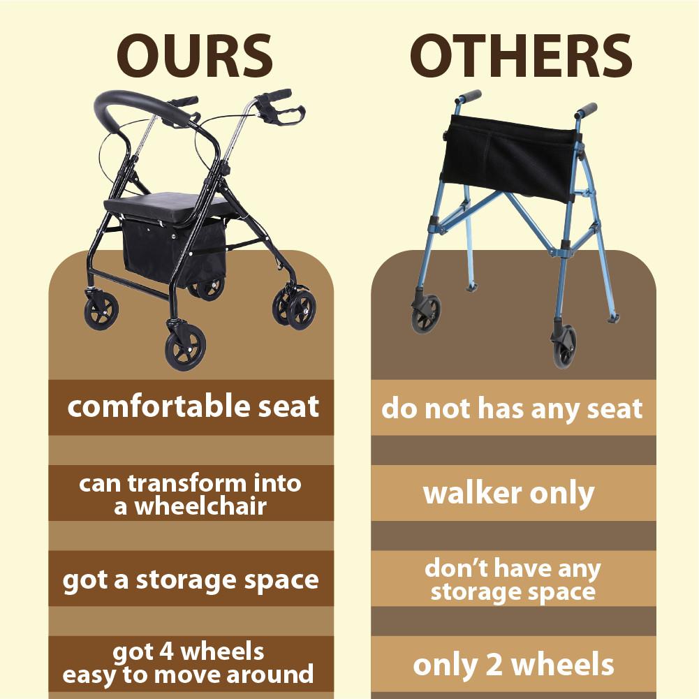 Rollator Walker Adult Wheelchair Pasar Lightweight Tongkat Roda Kaki Empat Foldable Walking Frame With Seat and Wheel