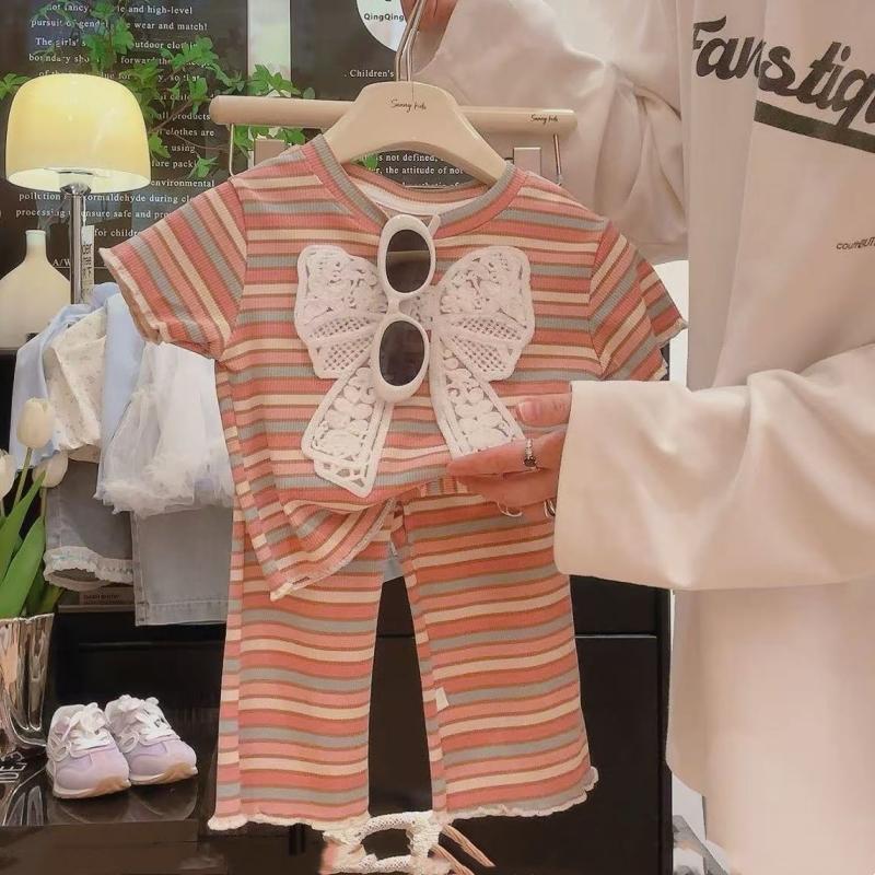 

Комплект одежды для девочек из 2 предметов, детские полосатые топы с короткими рукавами + брюки, костюм для малышей с бантом, летняя детская одежда 130 розовый