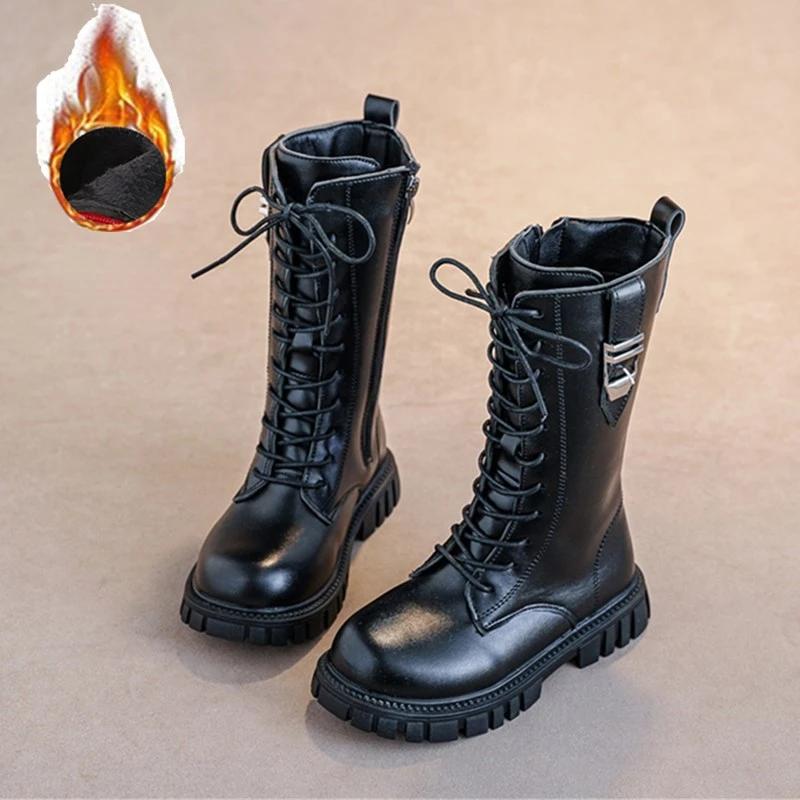 

Длинные кожаные сапоги для девочек, однотонные, британский стиль, детские высокие сапоги для принцесс, модные детские сапоги с пряжкой, классические, шикарные 37