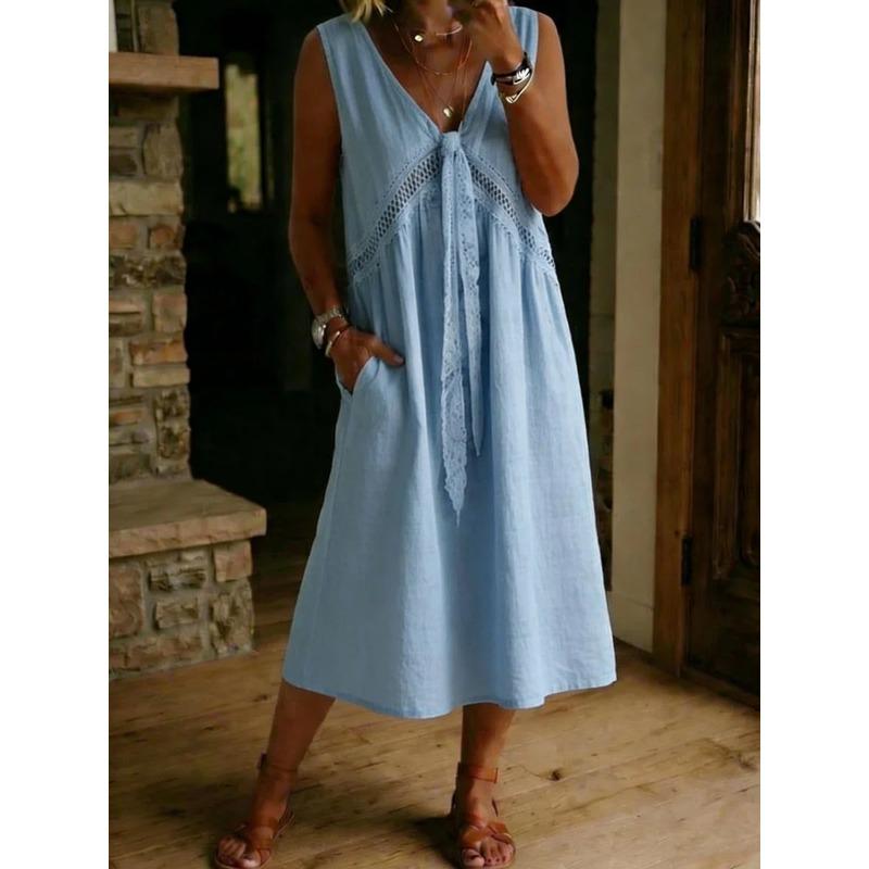 women's Tie Front Lace Trim Solid Color Linen Blend Sleeveless Midi Dress Loose Casual Sundress