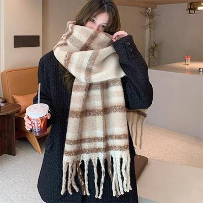 Winter Thicken Warm Tassel Scarf Women Cashmere Retro Plaid Contrasting Shawl Wraps Korean Neckerchief Female Echarpe Muffler