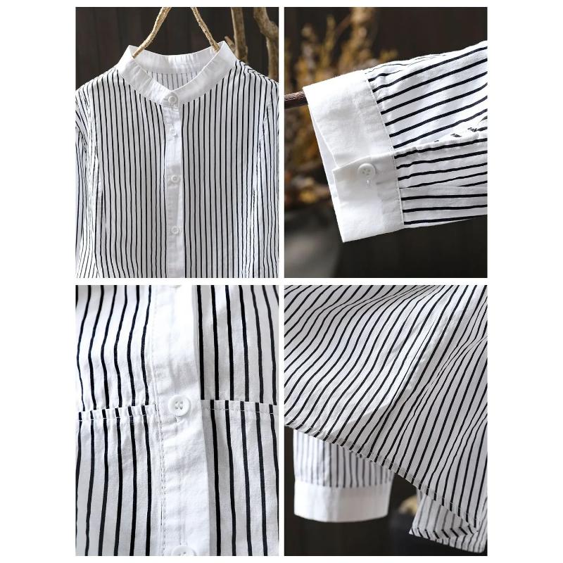 Women's Striped Stand Collar Cotton Shirt Casual Loose Long Sleeve Button-Down Blouse