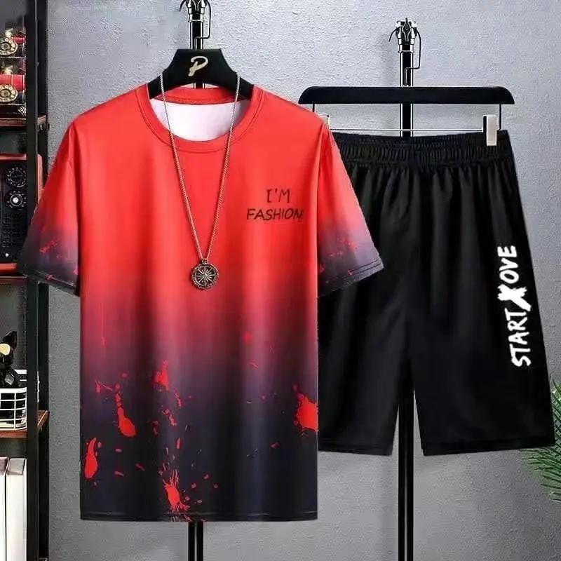 Summer Casual Suit Men's Ultra-thin Quick-dry Ice Silk Short Sleeved T-shirt Sports 5-minute Shorts Running 2-piece Set