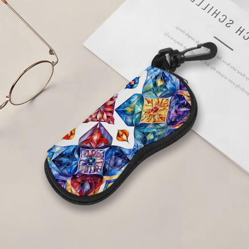 2D-Stained Glass Floral Pattern Protective Sunglasses Case, Vintage Geometric Art Eyeglasses Pouch, Zipper Travel Eyewear Holder Box Gift for Women
