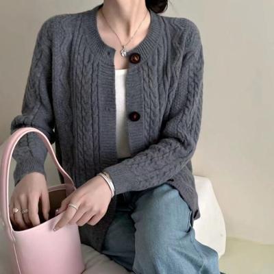 Autumn and Winter Knitted Twist Cardigan Jacket Loose Lazy Style Small Short Thickened Versatile Solid Color Long-sleeved Sweater