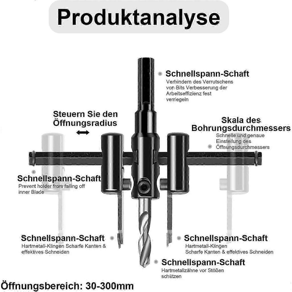 Circular Cutter Wood Adjustable 30-300 mm, Alloy Circle Hole Saw with 2 Replacement Blades for Wood, Plastic, Plasterboard 25-26s