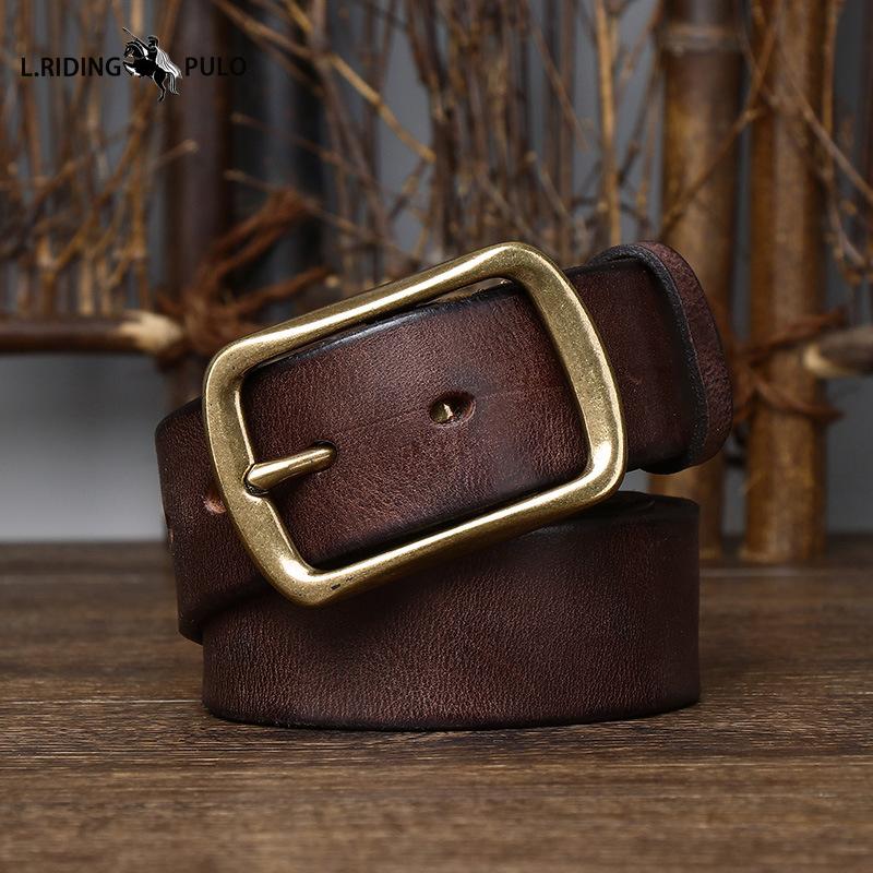 Men's Genuine Leather Belt Retro Distressed Pleated Copper Buckle Korean Style Casual Jeans Belt