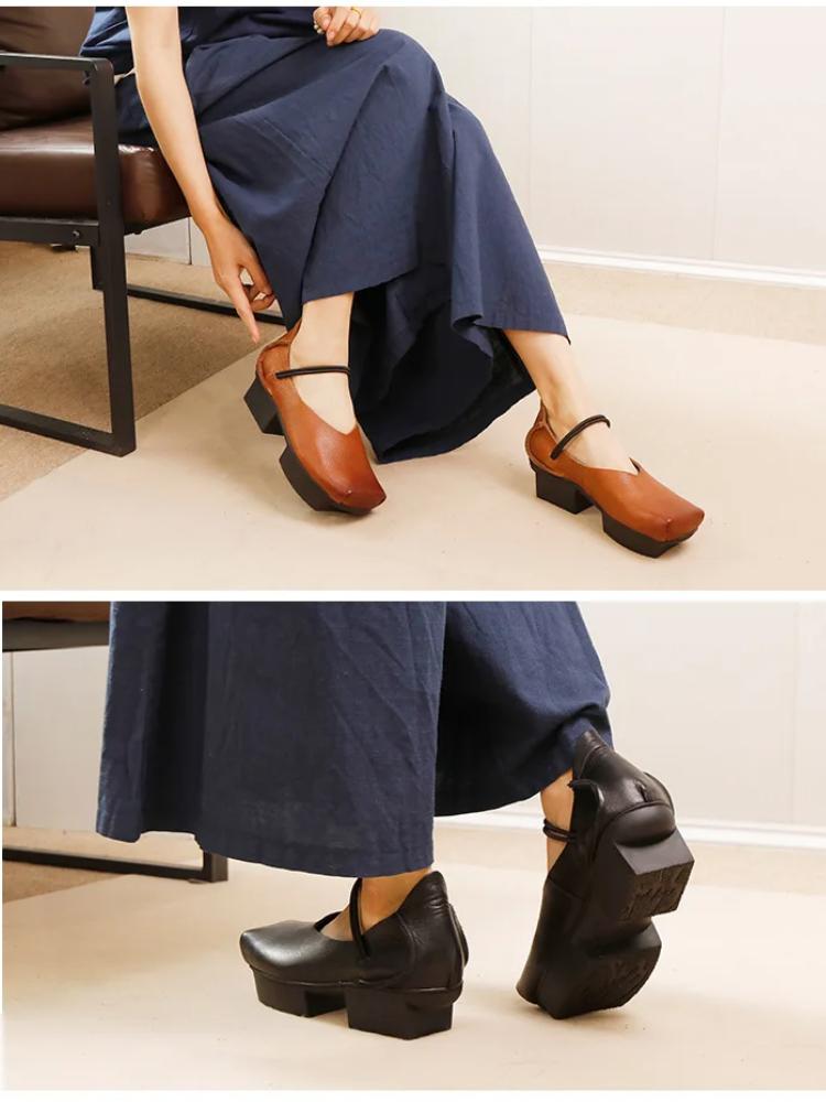 Johnature Vintage ekte kuskinn firkantet tå damesko Allsidig ekte skinn pumper med mellomhæl