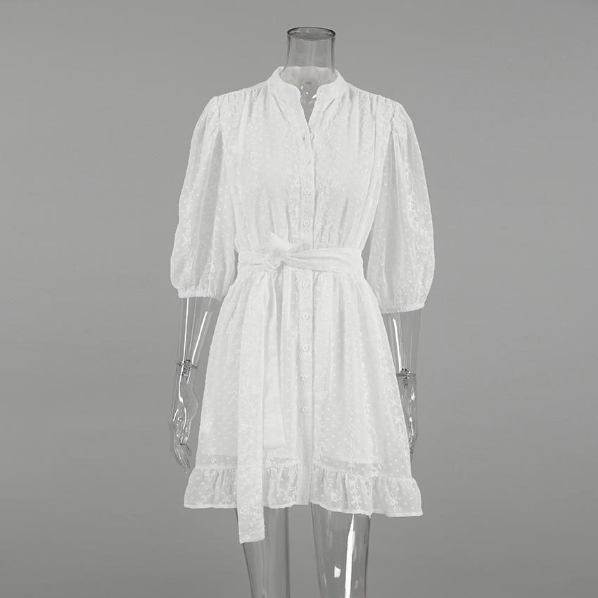 

French Jacquard Stand-up Collar Tie Dress 2024: European & American Spring/Summer Fashion, Elegant Cross-border Short Skirt for Women M