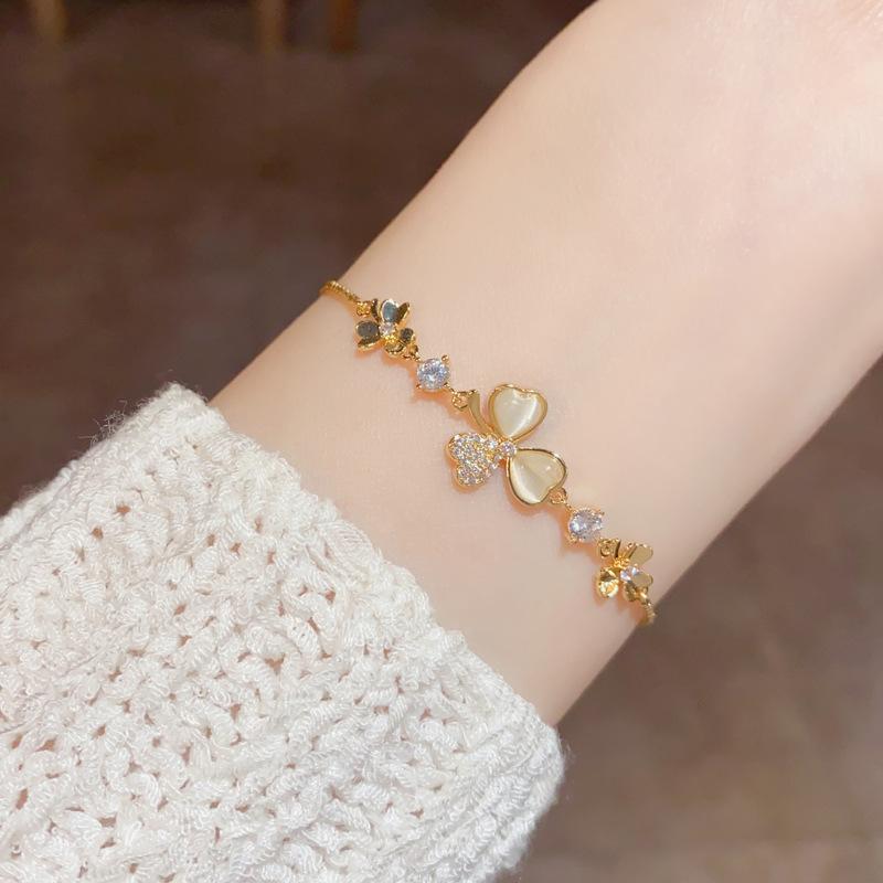 Women Luxury Niche Zircon Cat Eye Stone Petal Leaf Bracelet Fashion Jewelry