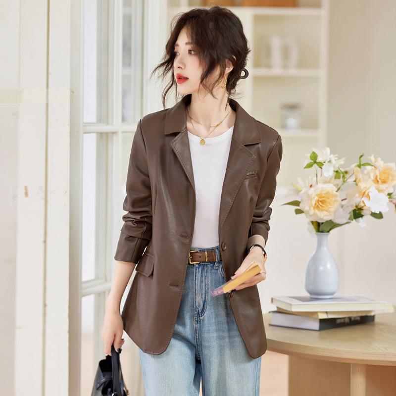 

Костюм из натуральной кожи куртка для женщин весна и осень новый темперамент тонкий тонкий кожаный пиджак топ L