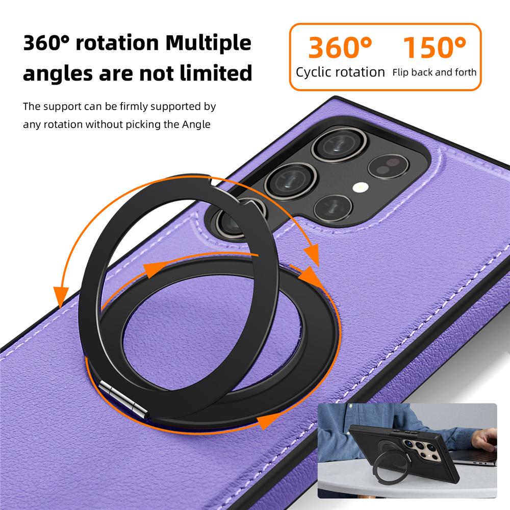 Genuine Leather Phone Case For Magsafe Samsung S24 S25 Ultra S23 S22 Ultra Plus Magnetic Rotating Metal Holder Stand Back Cover