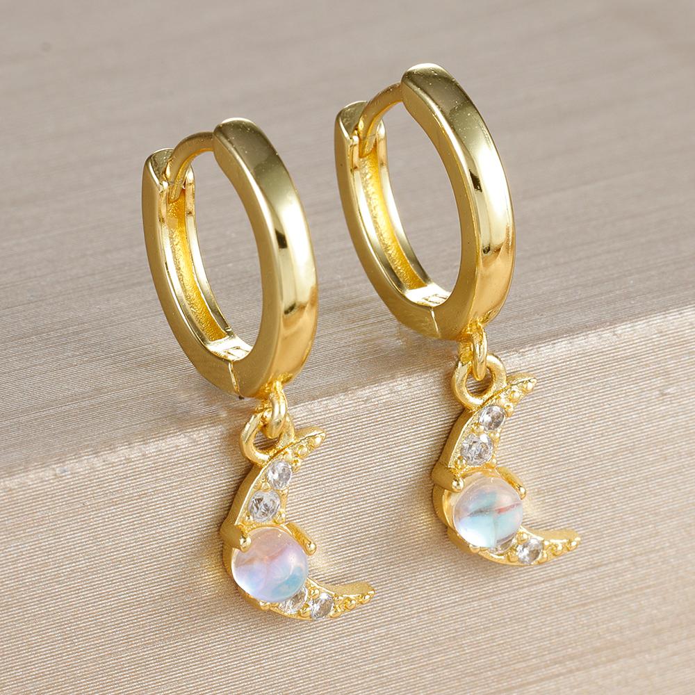 2PCS New Star Moon Zircon Opal Hoop Earrings for Women Stainless Steel Stud Earring Ear Buckle Piercing Jewelry Gifts Pendientes