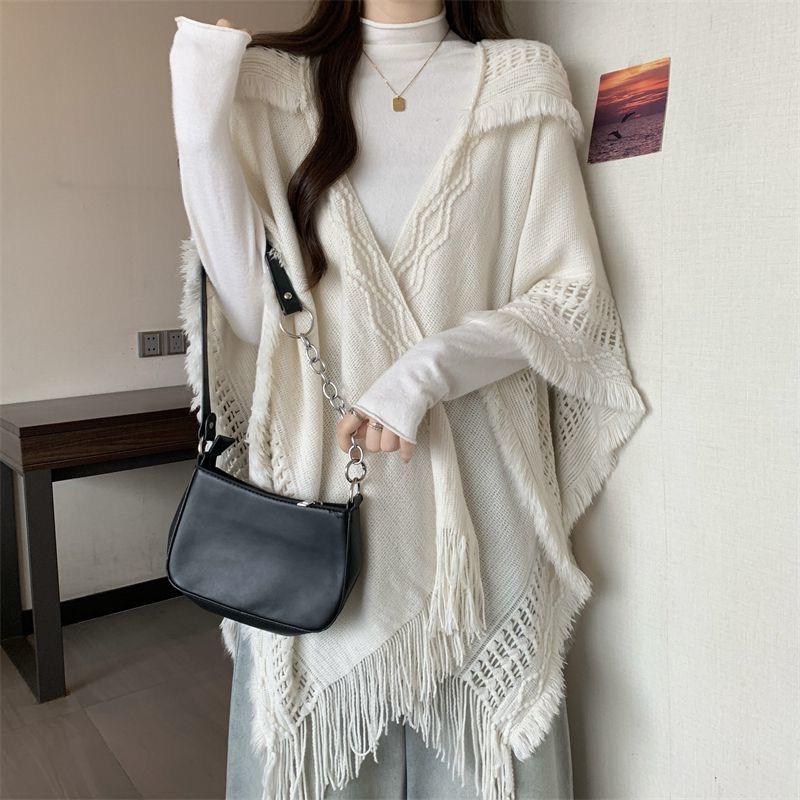 Ethnic Knitted Tassel Hooded Cape Shawl - Women's Autumn/Winter Outerwear for Travel Photography