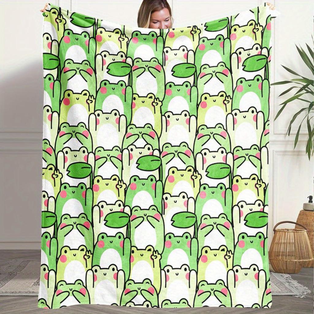 1 Cartoon Frog Print Flannel Blanket - Warm and Cozy, Perfect for Sofas, Offices, Beds, Camping, and Christmas.